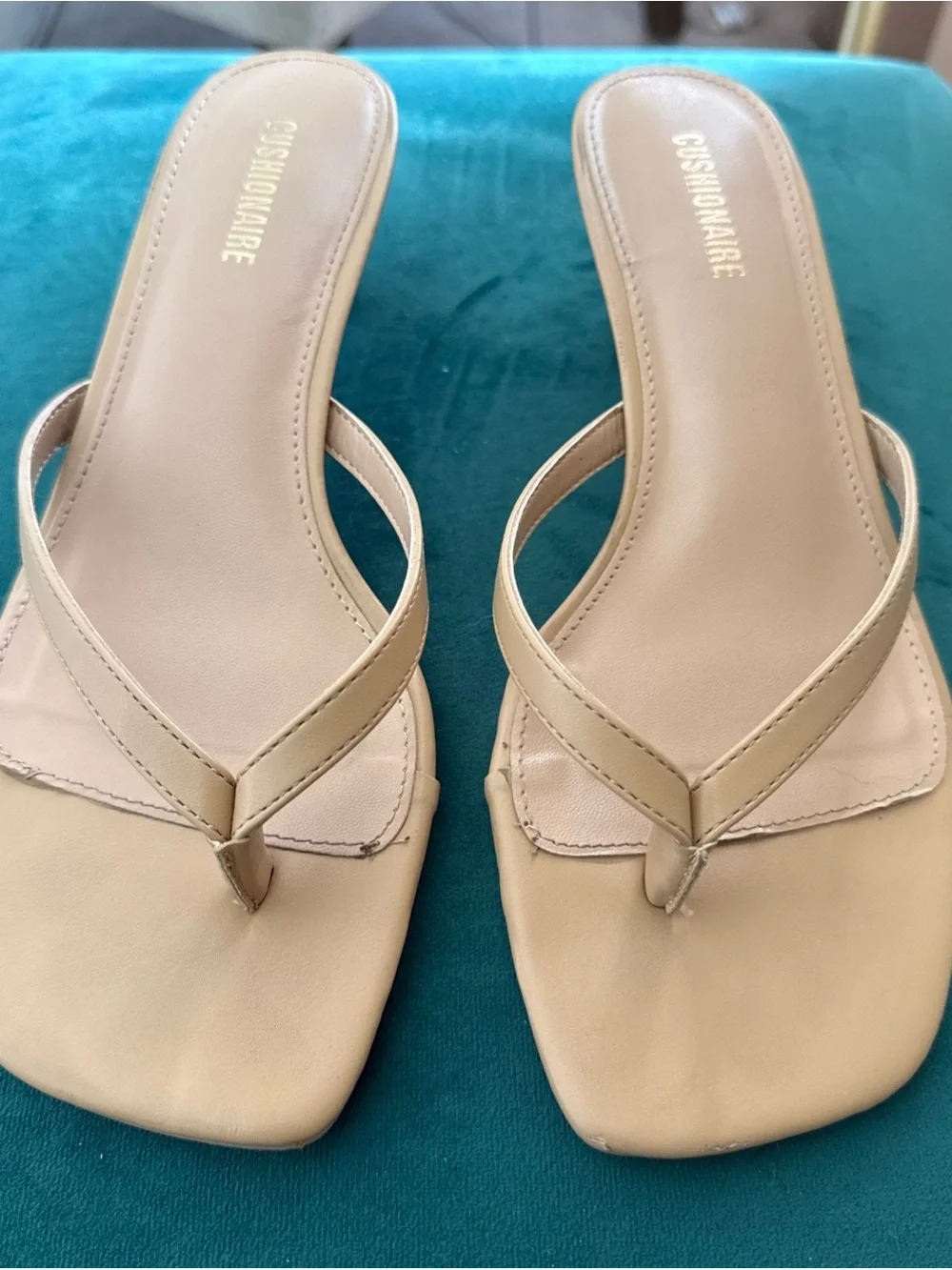 Beige Square-Toe Kitten Heel Thong Sandals Cushionaire Miami